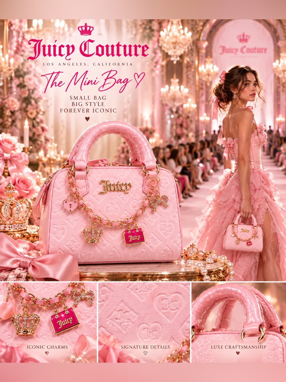 Juicy Couture Light Pink Quilted Charm Satchel with Gold Chain
